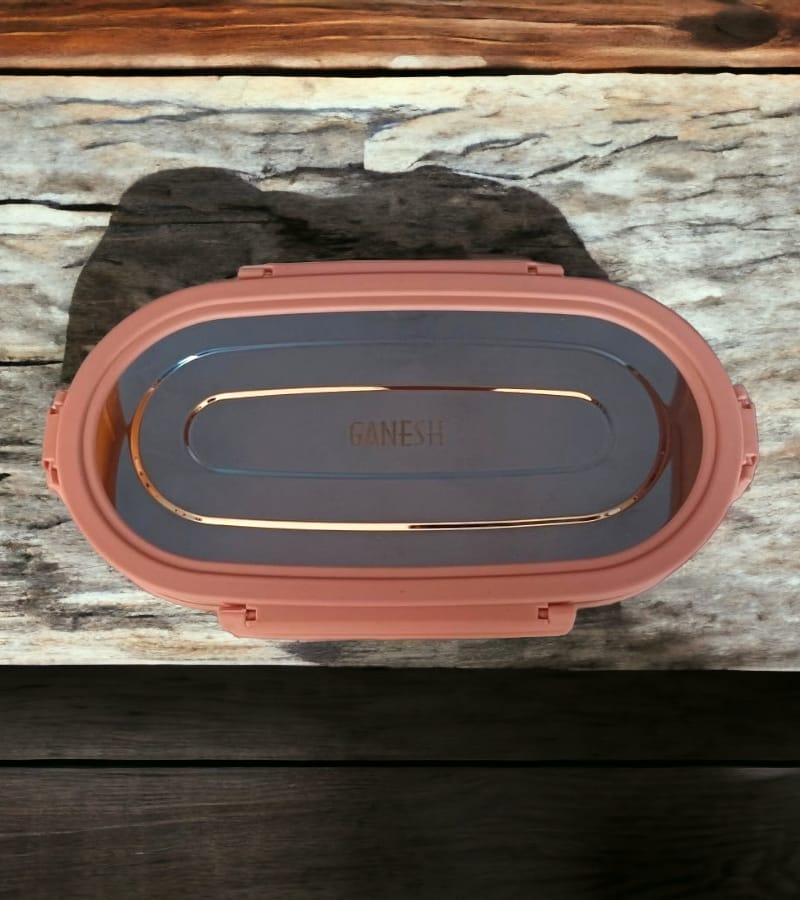 Ganesh Oval Lunch Box Steel with 4 Side Lock Lid, 650 ml + 100 ml Easy to Carry (Multicolor)